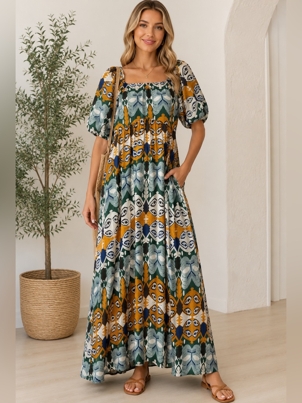 Polagram Green and Mustard Printed Maxi Dress with Puff Sleeves Size M